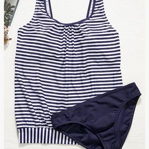 Navy and white 2 piece swimsuit, women’s with tummy control